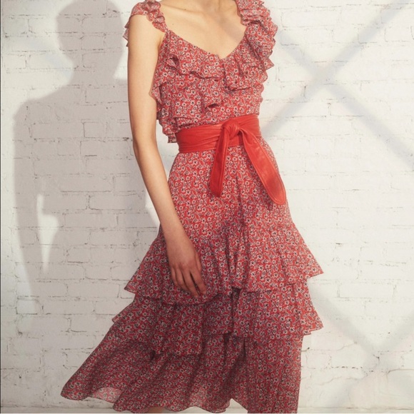 Marissa Webb Dresses & Skirts - MARISSA WEBB Red Floral Ruffle Tiered Midi Dress